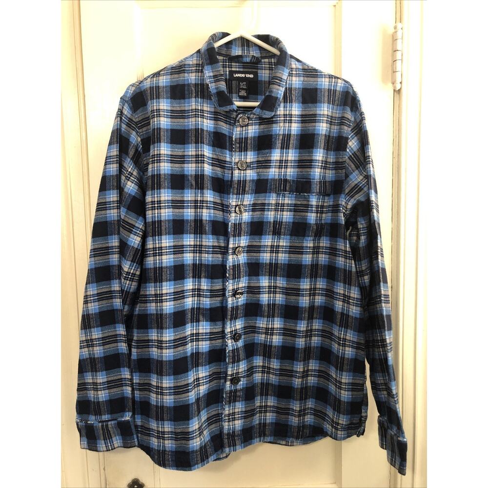 NWOT Lands' End Men's Blue Plaid Long Sleeve Button Pajama PJ Top Only Large